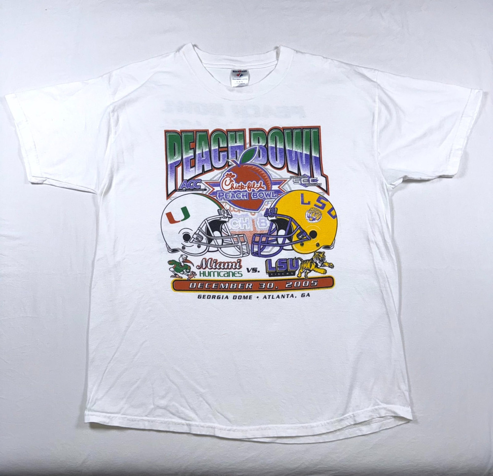 Miami Hurricanes vs LSU Tigers Football Jerzees T-Shirt Mens XL White Graphic